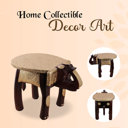 Crafted wonders Elephant Shape Handpainted Wooden Round Stool Cum Side Table( 8 inch )