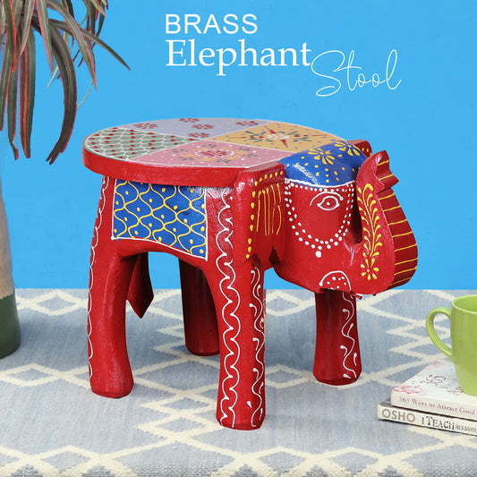 Crafted Wonders Elephant Shape Red Handpainted Wooden Round Stool ( 8 inch )