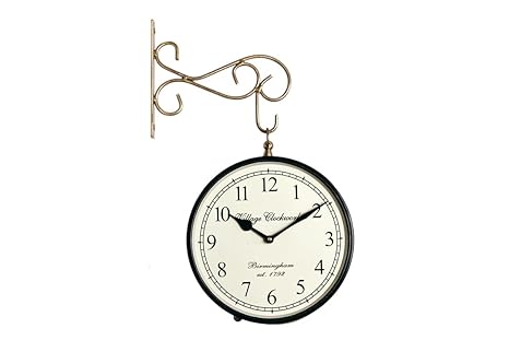 Crafted wonders 8 Inch Vintage Round Metal Double Sided Station Clock for Home and Office, ( Golden )