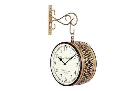 Crafted wonders 8 Inch Vintage Round Metal Double Sided Station Clock for Home & Office, (Golden)