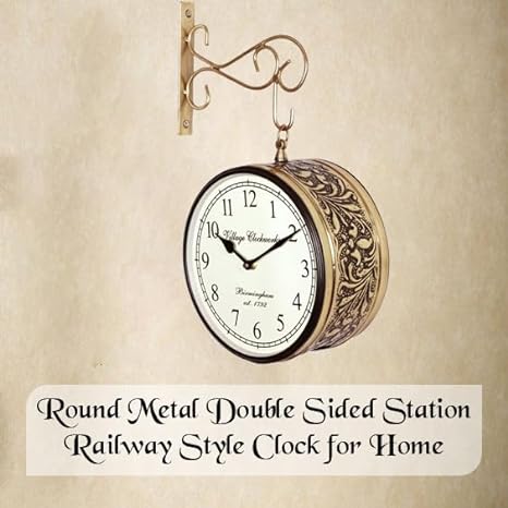 Crafted wonders Vintage Round Metal Double Sided Station Railway Style Clock for Home and Office, 8 Inch Golden(Golden)