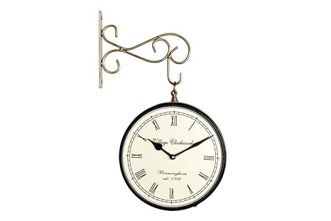 Crafted wonders 8 Inch Vintage Round Metal Double Sided Station Clock for Home and Office, ( Golden )