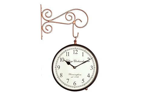 Crafted wonders 8 Inch Vintage Round Metal Double Sided Station Clock for Home and Office, ( Copper )
