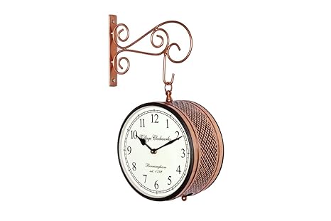 Crafted wonders 8 Inch Vintage Round Metal Double Sided Railway Station Clock for Home and Office, Copper