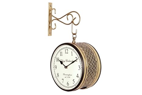 Crafted wonders 8 Inch Vintage Round Metal Double Sided Railway Station Clock for Home and Office, Golden