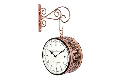Crafted wonders Antique Round Metal Double Sided Railway Station Clock for Home and Office (Copper, 8 Inch)