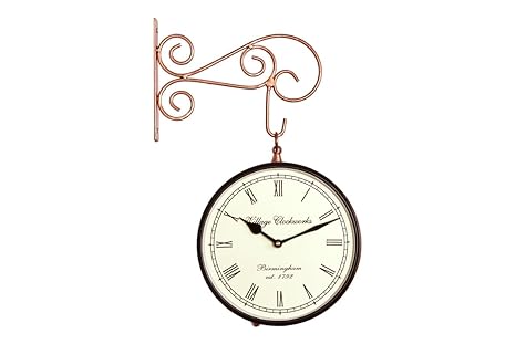 Crafted wonders 8 Inch Vintage Round Metal Double Sided Station Clock for Home and Office, ( Copper )