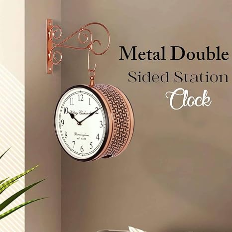 Crafted wonders 8 Inch Vintage Round Metal Double Sided Station Clock for Home & Office, (Copper)