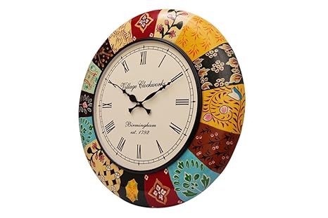 Crafted Wonders Round 16 Multicolour Wooden Wall Clock With Traditional Design