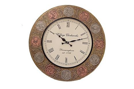 Crafted Wonders Round 16 Inch Pink And Beige With Astrological Design Wooden Wall Clock