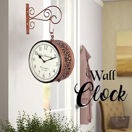 Crafted wonders Vintage Round Metal Double Sided Station Railway Style Clock for Home and Office, 8 Inch Golden(Copper)
