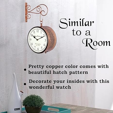 Crafted wonders 8 Inch Vintage Round Metal Double Sided Railway Station Clock for Home and Office, Copper
