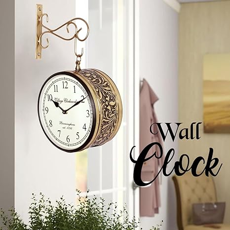 Crafted wonders Vintage Round Metal Double Sided Station Railway Style Clock for Home and Office, 8 Inch Golden(Golden)