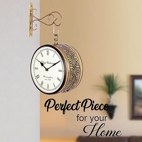 Crafted wonders Antique Round Metal Double Sided Railway Station Clock for Home and Office (Golden, 8 Inch)