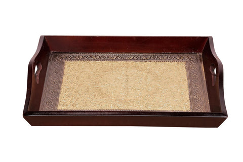 Crafted wonders Wooden Brass Tray Handcrafted Serving Tray Set Of 3