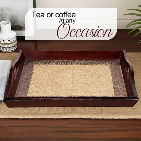Crafted wonders Wooden Brass Tray Handcrafted Serving Tray Set Of 3