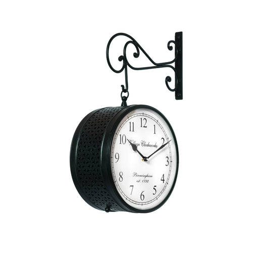 Crafted wonders Metal Vintage Double Sided Analog Wall Clock | Railway Station Double Sided Antique Decorative Clock with Brass Finishing  Black Jaali Double Side Railway Clock