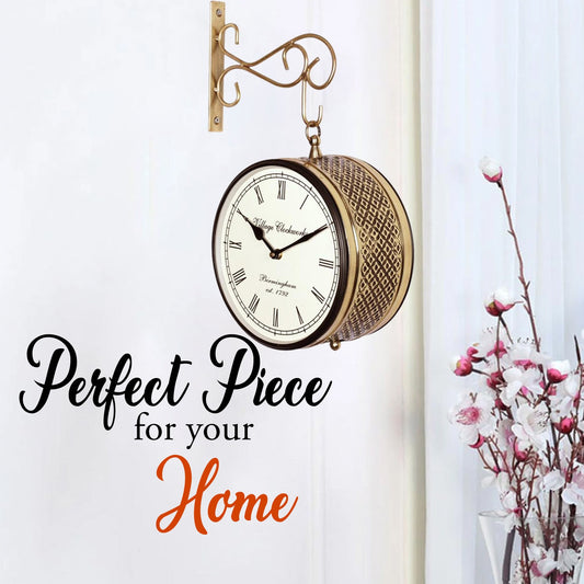 Crafted wonders 8 Inch Vintage Round Metal Double Sided Railway Station Clock for Home and Office, Golden