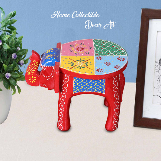 Crafted Wonders Elephant Shape Red Handpainted Wooden Round Stool ( 8 inch )
