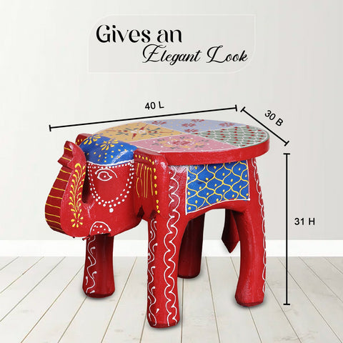 Crafted Wonders Elephant Shape Red Handpainted Wooden Round Stool ( 10 inch )