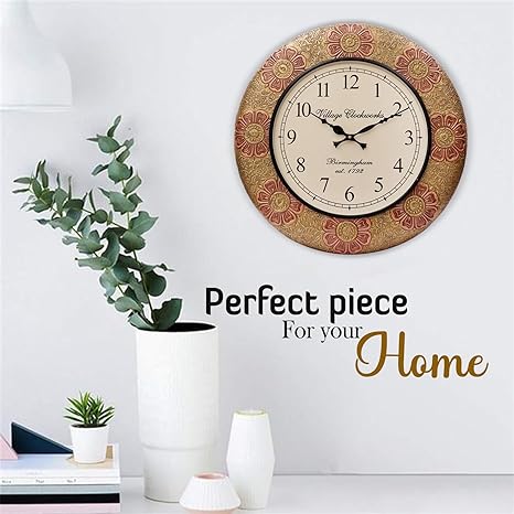 Crafted wonders Round 16 Vintage Pink Flower Design Wooden Wall Clock